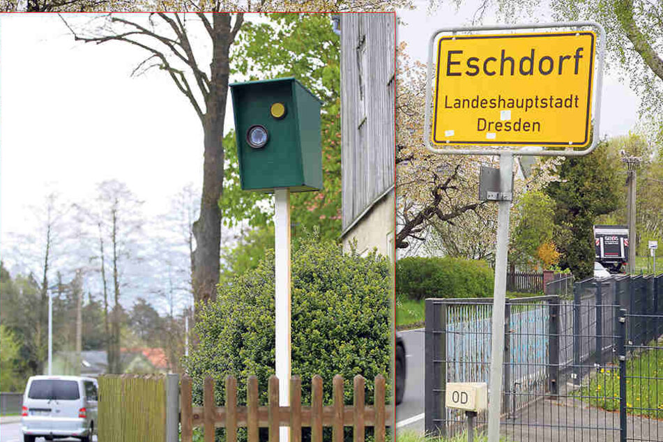Sieht täuschend echt aus und erzielt aktuell auch noch seine „Brems-Wirkung“:
die Blitzer-Attrappe an der Pirnaer
Straße (S177).