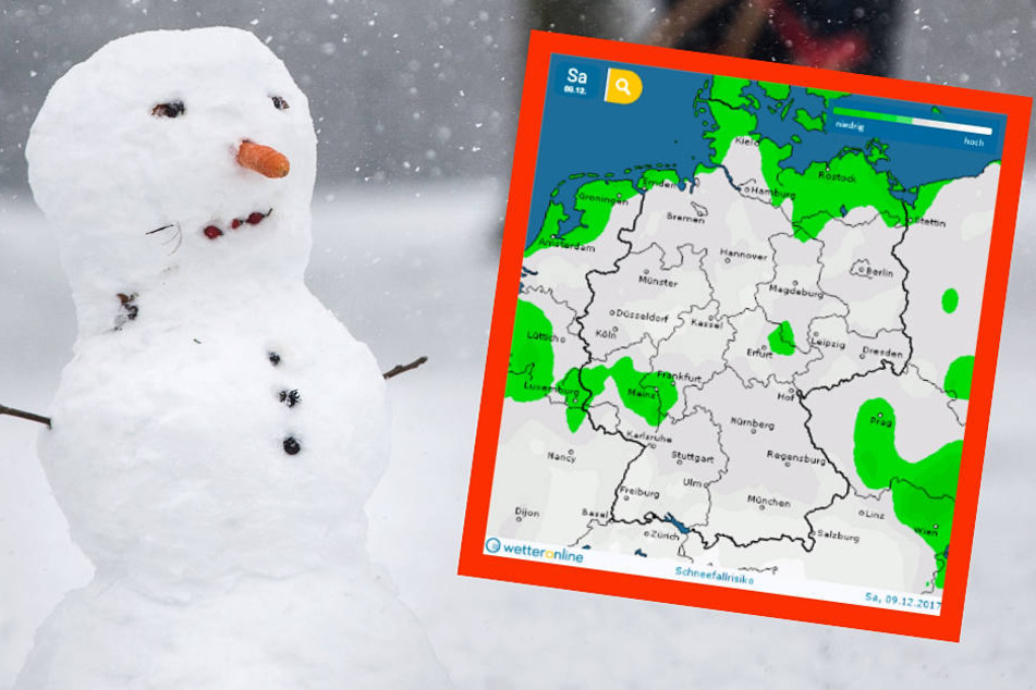 Für den Samstag sagt wetteronline.de (Screenshot-Grafik) für weite Teile Deutschlands erhöhtes Schneefall-Risiko voraus.