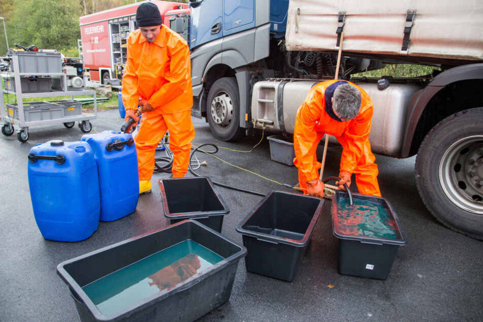 Die Einsatzkräfte pumpten den verbliebenen Diesel in Behältnisse ab.