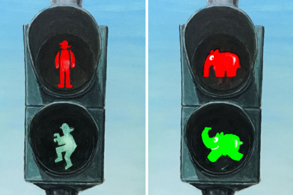 So stellt sich Otto Waalkes die Ampel vor: links die Version mit Otto als Comic-Figur, rechts der Ottifant.