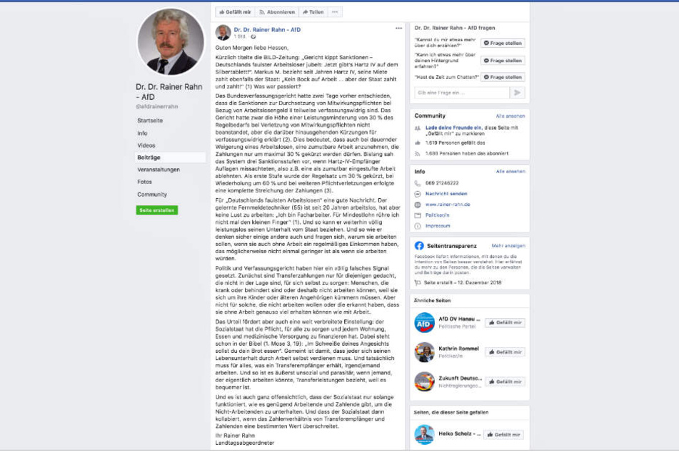 Dieser Screenshot zeigt den fraglichen Facebook-Eintrag von Rainer Rahn (AfD).