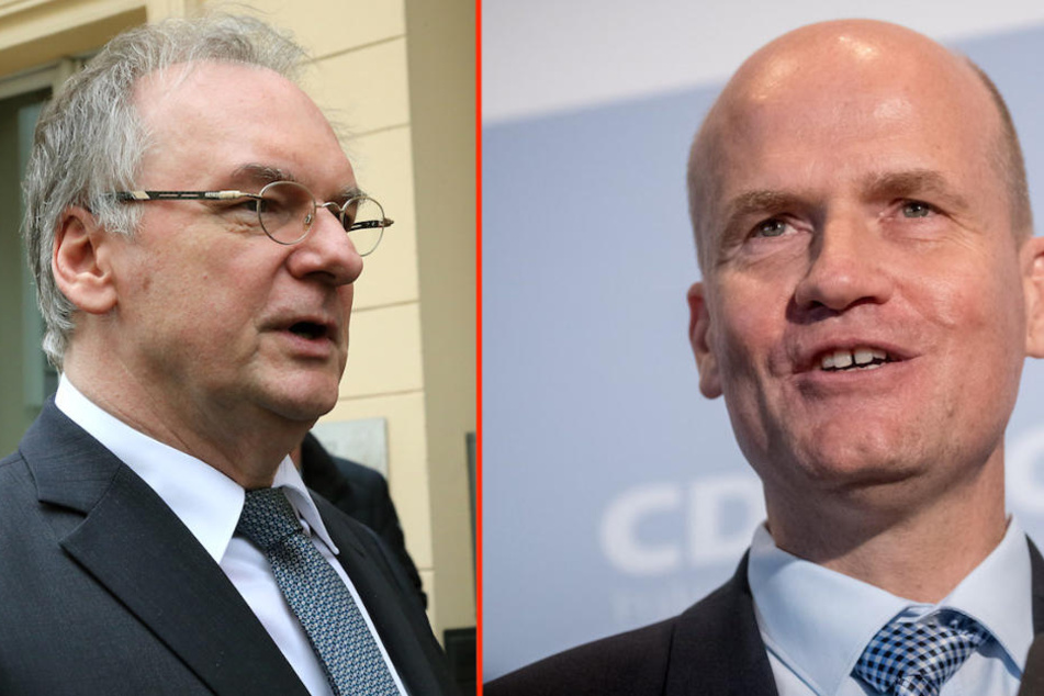 Die ranghohen CDU-Politiker Reiner Haseloff (64) und Ralph Brinkhaus (50) sprechen sich weiterhin für Angela Merkel (64) als CDU-Vorsitzende aus. (Bildmontage)