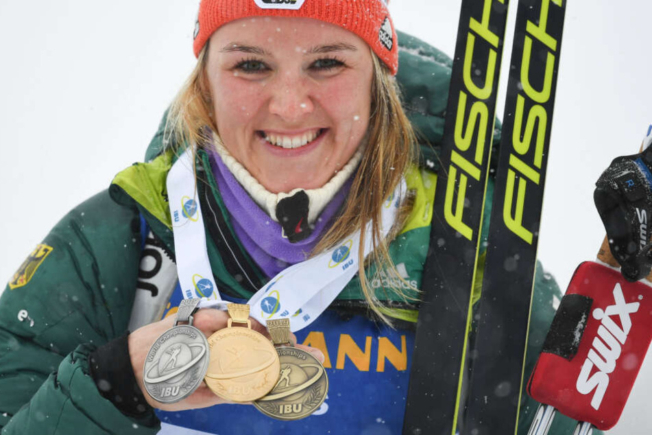 Gold, Silber und Bronze: Denise Herrmann sicherte sich bei der Biathlon-WM in Östersund einen kompletten Medaillensatz.