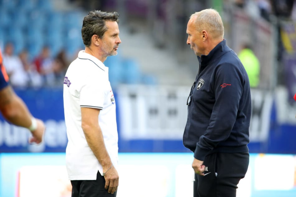 Aues Präsident Helge Leonhardt (r.) hat mit der Verpflichtung von Trainer Dirk Schuster offenbar alles richtig gemacht.