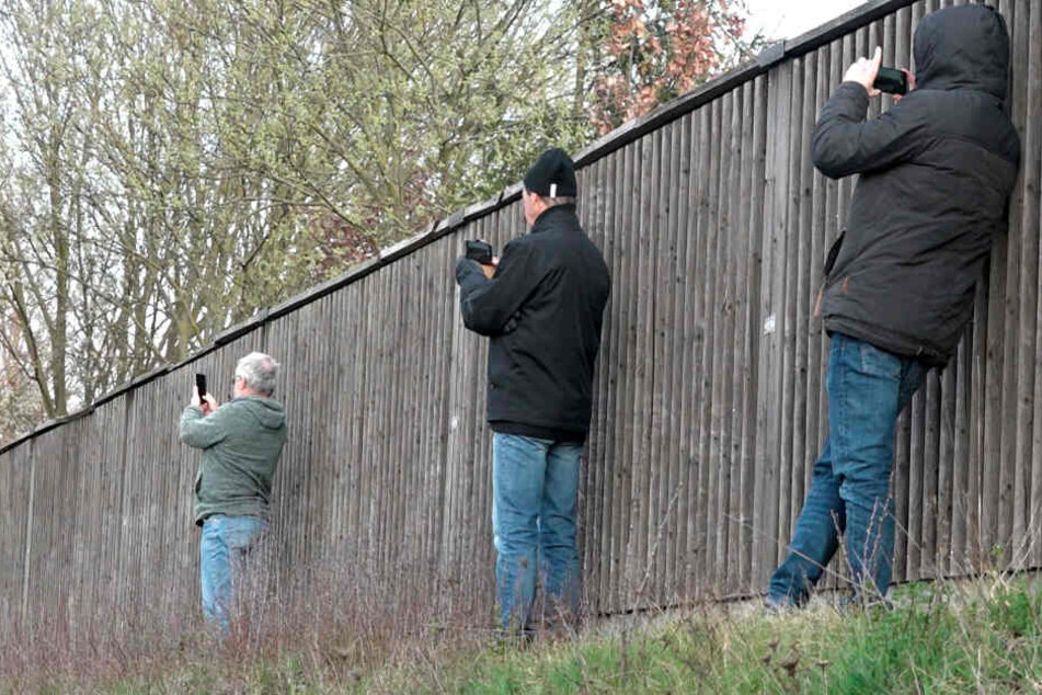 Schaulustige fotografieren neben einer Lärmschutzwand mit ihren Smartphones eine Unfallstelle. (Symbolbild)