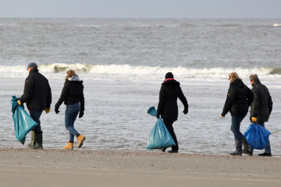 Helfer suchen am Strand von Borkum nach angeschwemmten Treibgut.