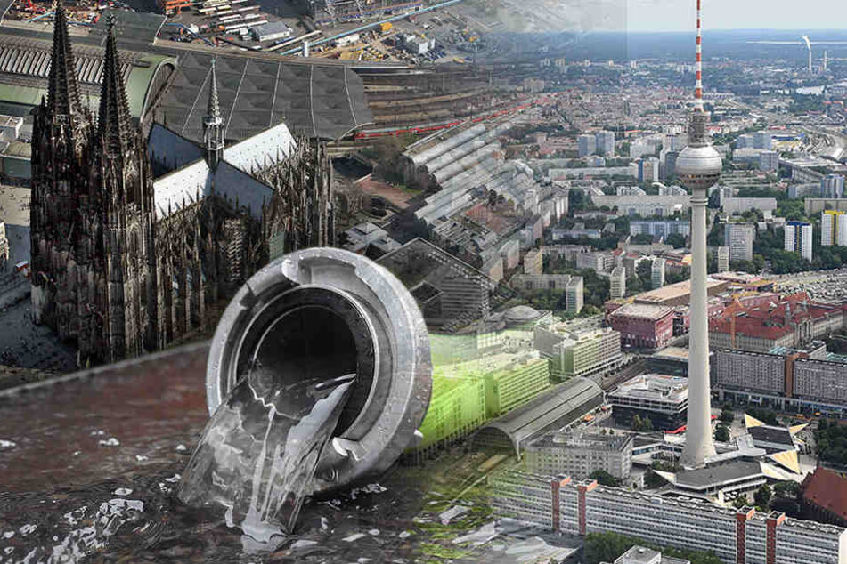 In Westdeutschland gehören Wasserschäden zum täglichen Geschäft, im Osten der Republik sitzt man auf dem Trockenen. (Bildmontage)