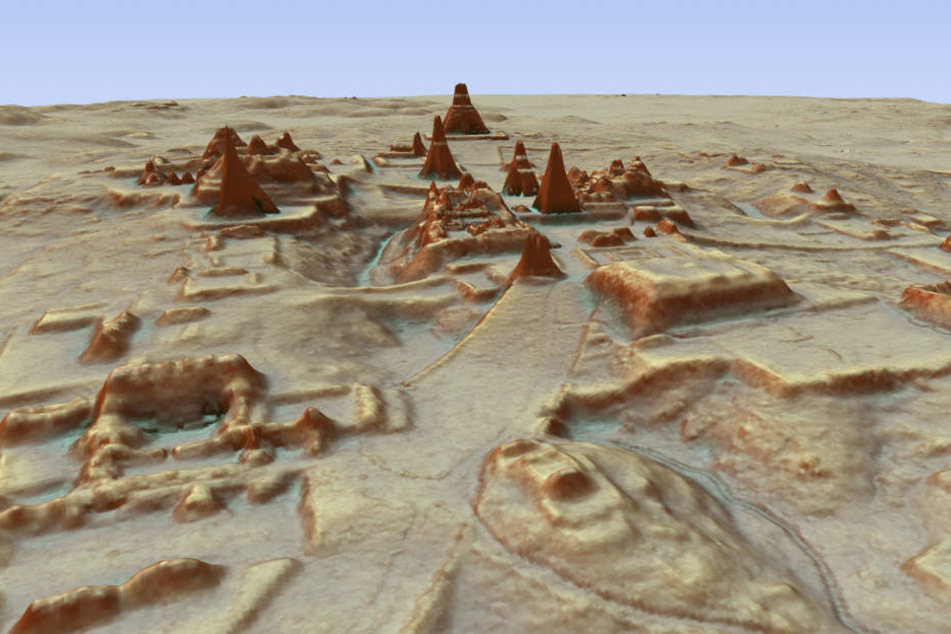 Dieses vom PACUNAM zur Verfügung gestellte, durch LiDAR Luftbildvermessung hergestellte 3D-Bild zeigt eine Darstellung der Ausgrabungsstätte einer Maya-Stadt.