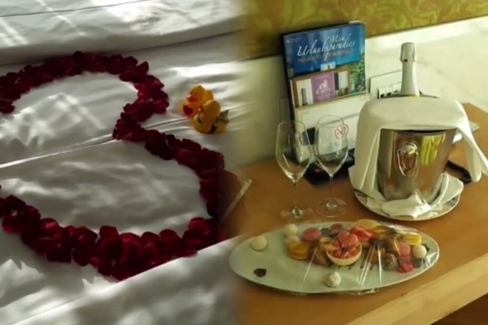 Romantik pur: Rosenherz auf dem Bett, Schampus und Leckereien daneben. (Fotomontage/Screenshots)