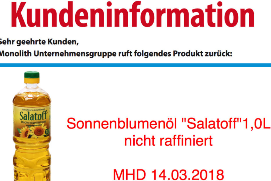 Das Sonnenblumenöl "Salatoff" wird zurückgerufen.
