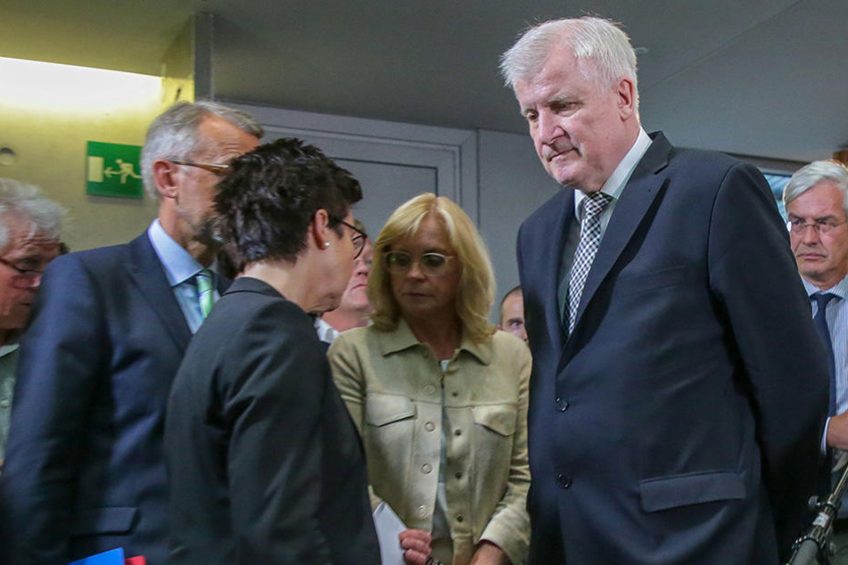 Horst Seehofer (CSU, rechts), Bamf-Chefin Jutta Cordt (2.v.li.) und Andrea Lindholz (CSU, 2.v.re.) Vorsitzende des Bundestags-Innenausschusses, nach einer Sondersitzung zur Bamf-Affäre.