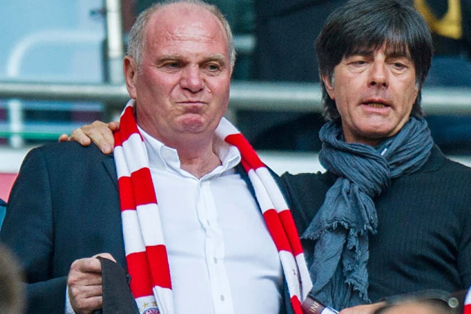 Uli Hoeneß (l.) und Bundestrainer Joachim Löw stehen auf der Tribüne. (Archivbild)