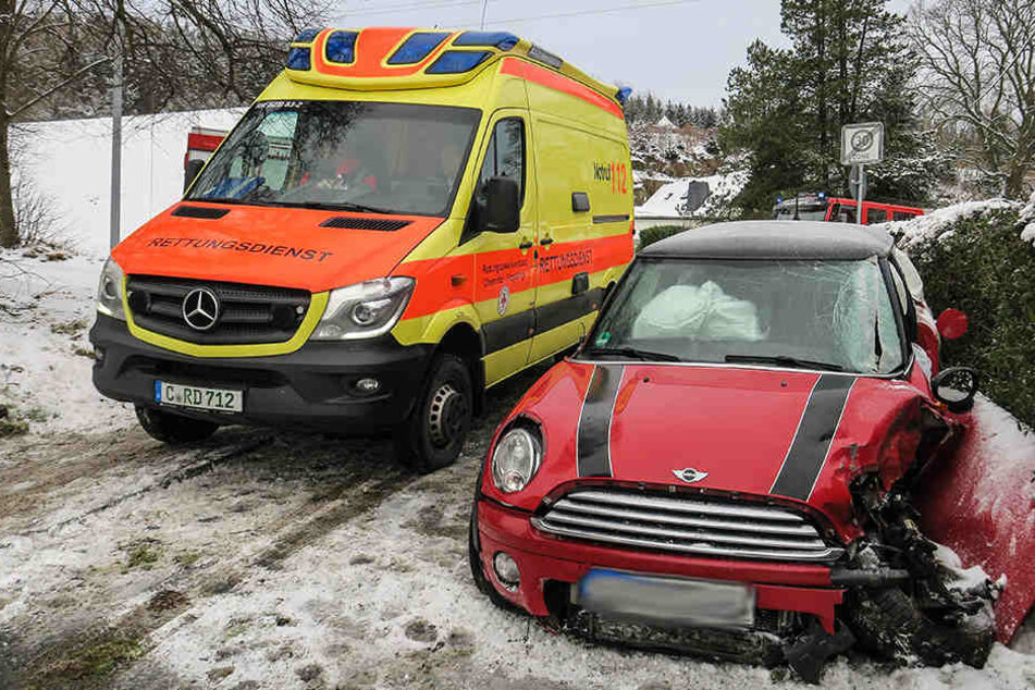 Der Mini blieb schwer beschädigt an einer Hecke stehen.