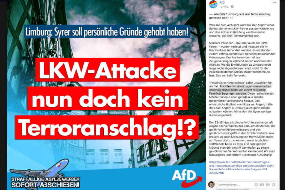 Der Screenshot zeigt den Facebook-Post der "Alternative für Deutschland".