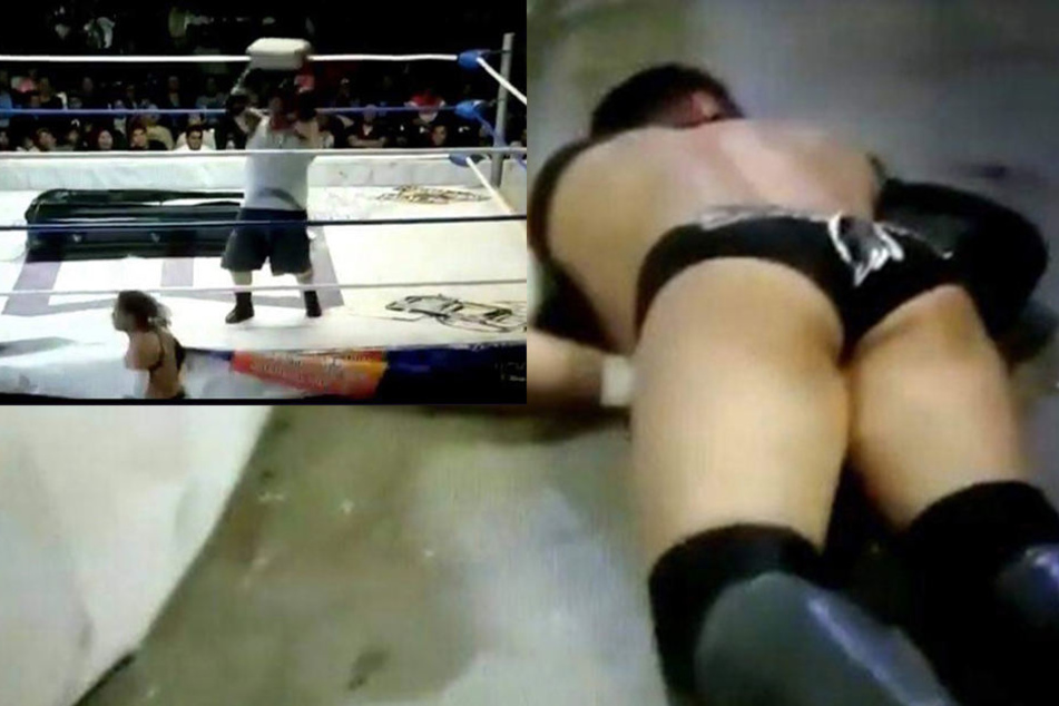 Wrestler "El Cuervo" sank nach dem Kopftreffer sofort zu Boden. Blieb stark blutend liegen.