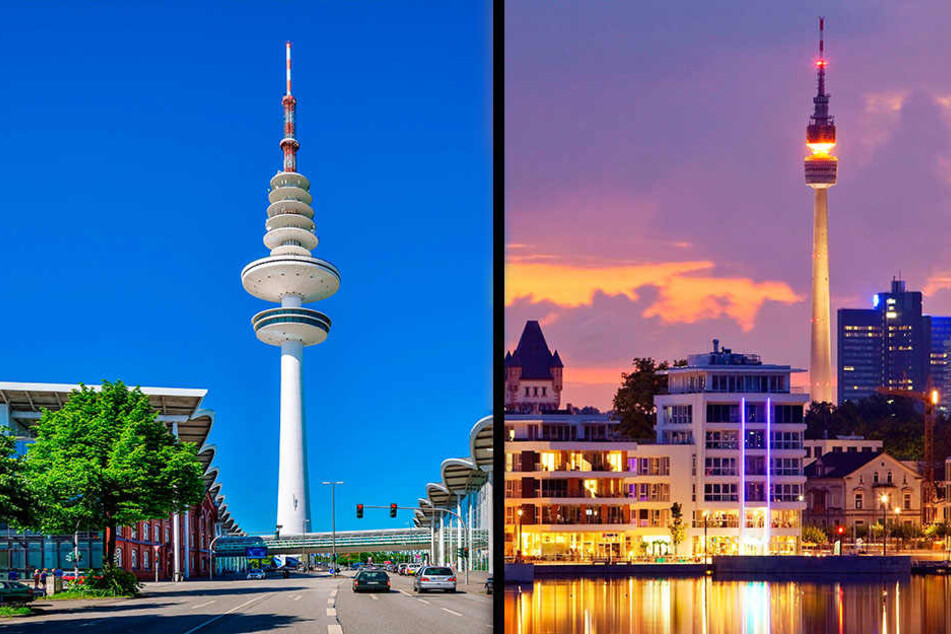 Für den Hamburger Fernsehturm (l.) gibt‘s Hoffnung auf eine Sanierung. Der Florianturm in Dortmund hatte ein Café, aber der Betreiber ging Pleite.