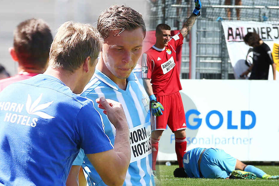 Alexander Bitroff (Mitte) schmerzt die Achillessehne. Jamil Dem (r.) ging nach einem Schlag aufs Sprunggelenk in Aalen verletzt zu Boden.