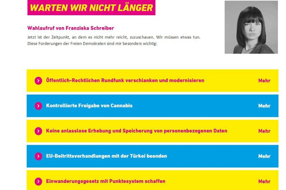 JA-Vorstand Franziska Schreiber ruft jetzt im Internet zur Wahl der FDP
auf.