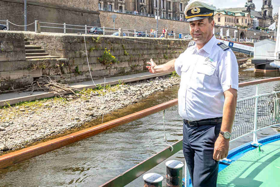 "Leipzig"-Kapitän Lutz Peschel (55) hat seinen nagefreudigen neuen Nachbarn direkt am Anleger Terrassenufer entdeckt. Das Geäst ist "Elbis" Biberburg, die dank Niedrigwasser nun sichtbar wurde.