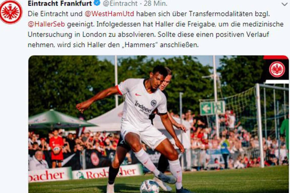 Via Twitter verkündet Eintracht Frankfurt die Einigung mit den Hammers.