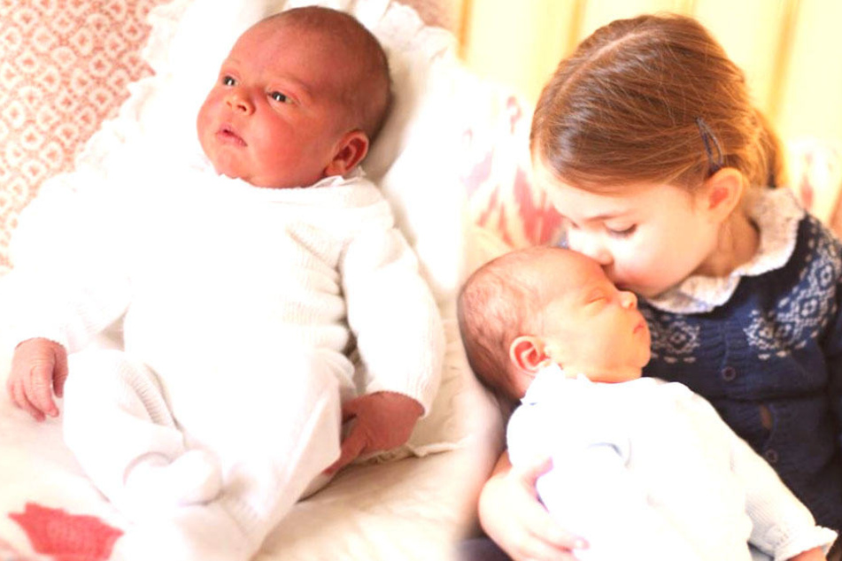 Der britische Thronfolger Prinz Louis, gerade erst auf die Welt gekommen. Rechts sieht man das Baby mit Prinzessin Charlotte.