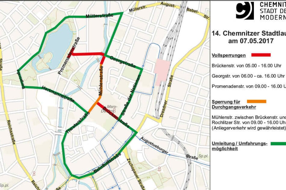 Die roten und orangefarbenen Straßen werden komplett oder zeitweiße gesperrt. Grün markiert sind die empfohlenen Umleitungsstrecken.