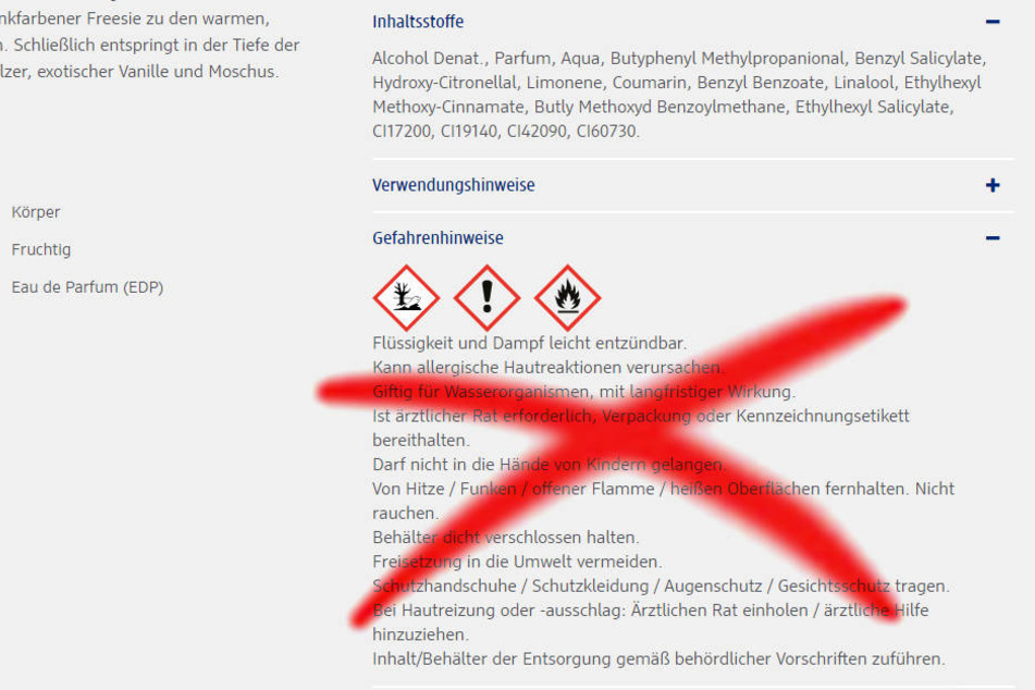 Diese Warnhinweise zum Parfüm gibt es nicht mehr auf der dm-Homepage.