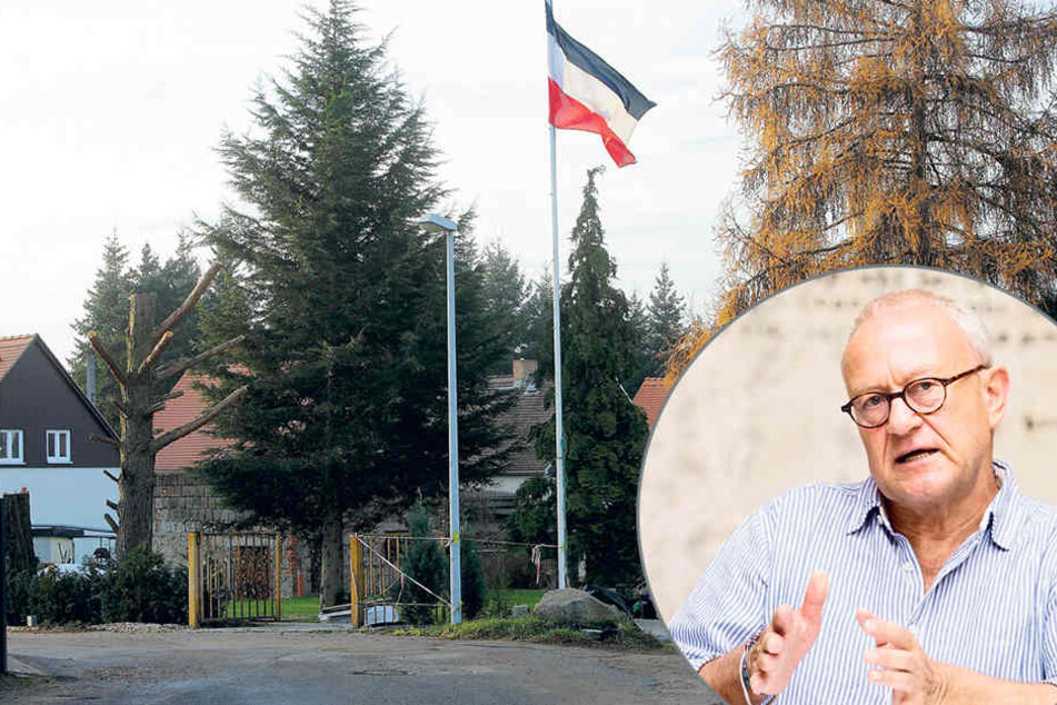 Diese Reichsflagge hängt weithin
sichtbar in Hellerau. Intendant Dieter Jaenicke (67, re.) ist nicht amüsiert.