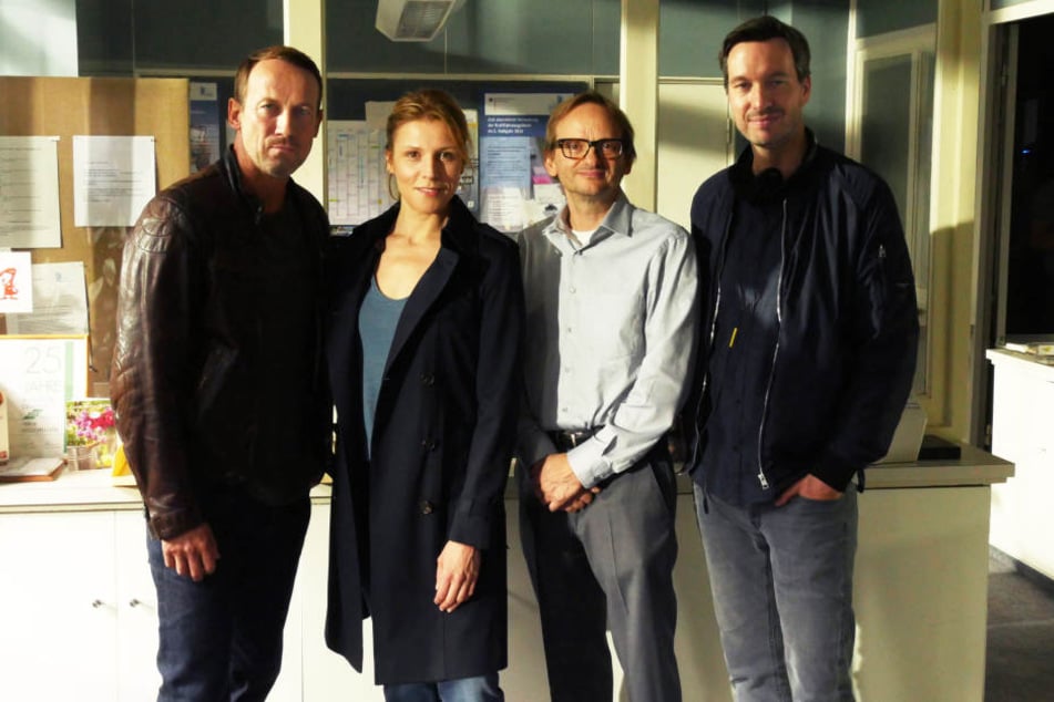 Der Cast der Tatort-Folge "Kollateralschaden": Wotan Wilke Möhring, Franziska Weisz, Milan Peschel und Stephan Rick (v.l.n.r.).