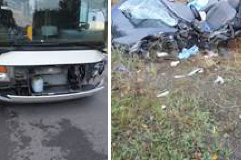 Daniel stieß mit seinem Ford Fiesta gegen diesen Linienbus (l.). Der Kleinwagen wurde zerstört.