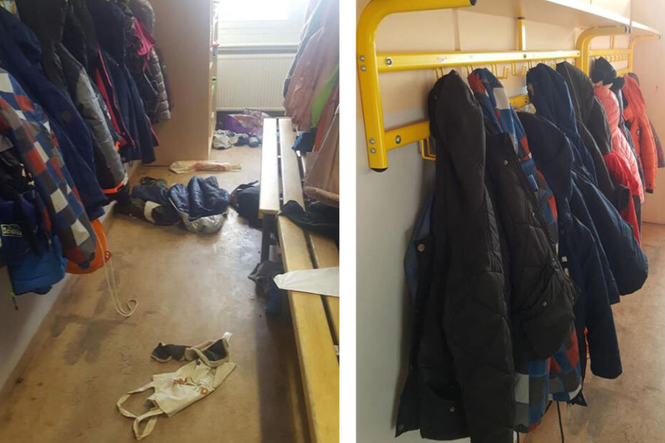 Vorher-Nachher-Vergleich: Während im November noch Chaos in der Garderobe der 2. Klasse herrschte, kehrte unter anderem durch Namen an den Kleiderhaken Ordnung ein.