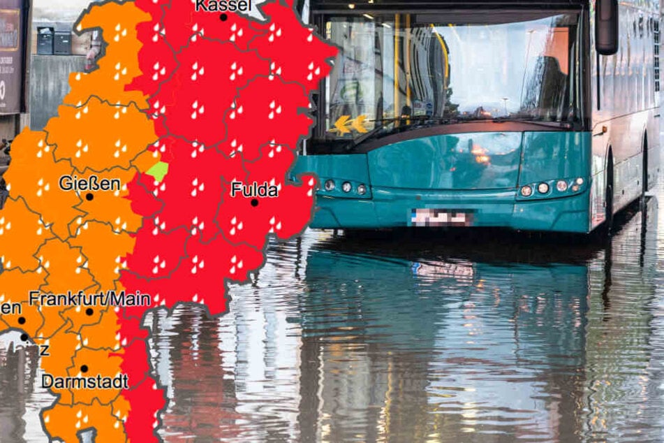 Fotomontage: Baden könnte man aktuell höchstens in den regenüberfluteten Straßen Hessens (Symbolbild).
