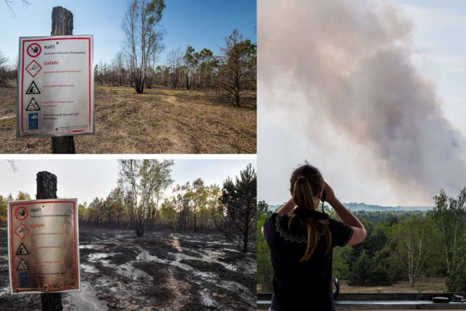 Vorher-Nacher-Bilder zeigen das Ausmaß der Zerstörung (l). Rechts wütet das Feuer auf einem Teil des ehemaligen Truppenübungsplatzes.