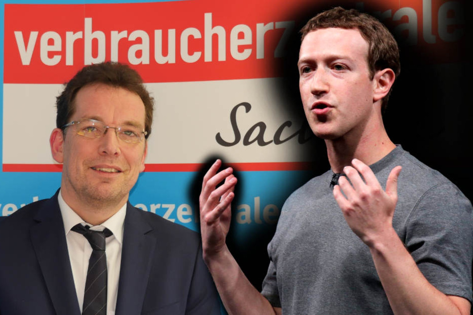 Rechtsreferent Michael Hummel (44, l.) von der Verbraucherzentrale Sachsen informierte am Dienstag über die Klage gegen Facebook. Die sächsischen Verbraucherschützer werfen Facebook-Gründer Mark Zuckerberg (34, r.) einen zu laxen Umgang mit dem Datenschut