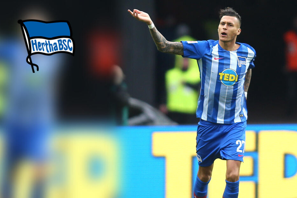 Davie Selke von Hertha BSC jubelt nach seinem Treffer zum 2:1 über das Spielfeld.(Bildmontage)