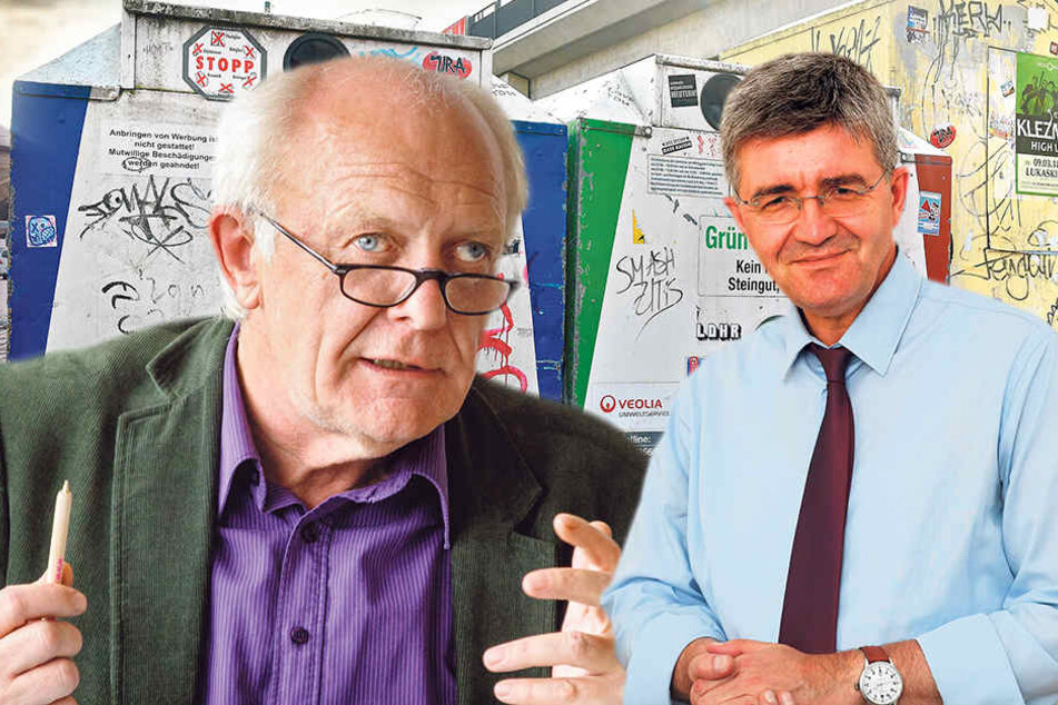 Wann darf in Dresden Glas und wann Papier eingeworfen werden? Michael Schmelich (63, Grüne, li.) und Christian Avenarius (58, SPD) gerieten auch darüber heftig in Streit.