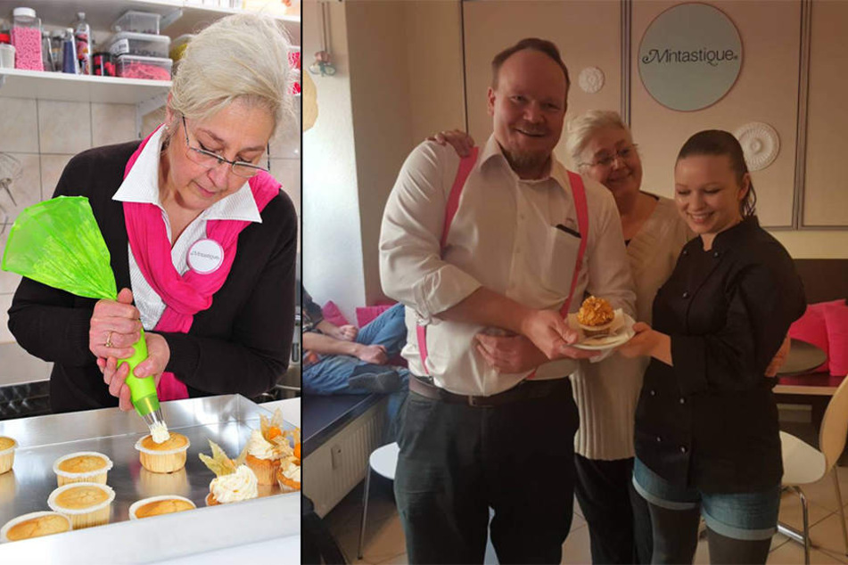Links: Diana Guglina beim liebevollen Cupcake-Verzieren. Rechts: Die symbolische Übergabe des "Goldenen Cupcakes" an Juliane Haßheider, die neue Inhaberin des Mintastique.