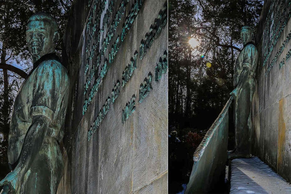"Ruhm und Dank den Helden der Sowjetunion": Die Plastik "Der Fahnenträger" steht auf dem Garnisonfriedhof gegenüber des Haupteinganges.