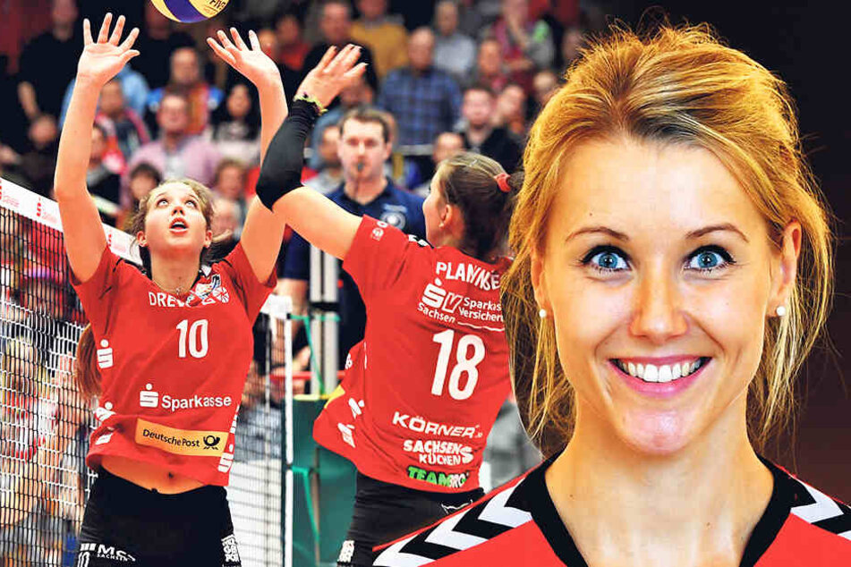 Trotz klarer Ansage des Trainers gab es danach eine kurze Unstimmigkeit und Apitz (r.) servierte ihrer Zuspiel-Kollegin Madison Bugg (l.) den Ball.
