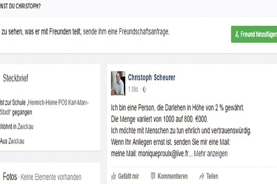 Das Profilbild zeigt Christoph Scheurer, doch hinter der Seite stecken Geschäftemacher, die mit dubiosen Krediten locken.