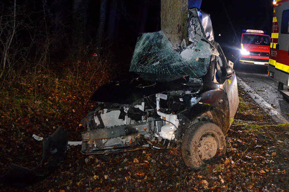 Der Mazda hat sich bei dem Unfall komplett um den Baum gewickelt.
