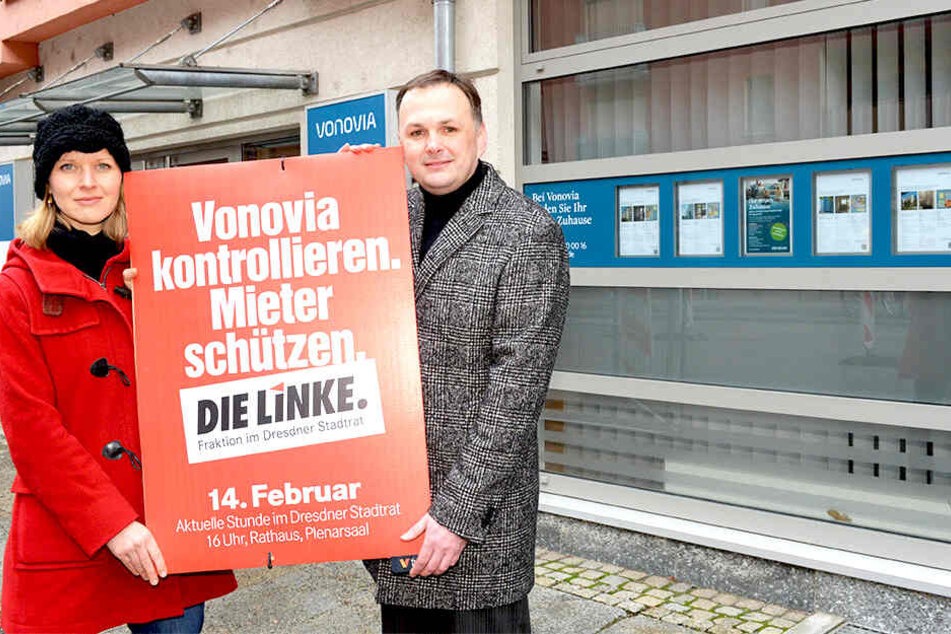 Haben die Vonovia im Visier: Linken-Chef André Schollbach (40) und Stadträtin Pia Barkow (33, Linke).