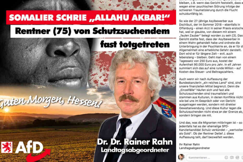 Der Facebook-Screenshot zeigt den Post von Rainer Rahn mit den im Text wörtlich zitierten Passagen.