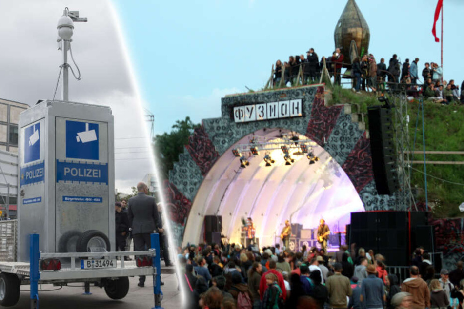 Eine neue mobile Polizeiwache auf dem Alexanderplatz betreibt eine Überwachungsanlage(l.). Der "Kulturkosmos" möchte solch eine Überwachung auf der Fusion vermeiden. (Bildmontage)
