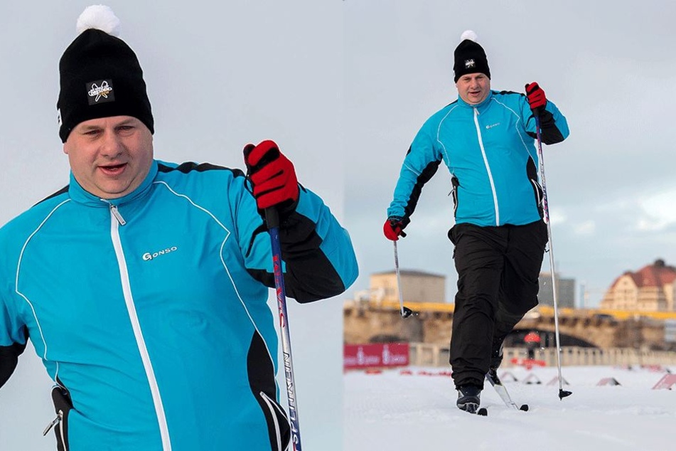 Mit Schwung läuft OB Dirk Hilbert (46) auf der Weltcup-Piste dem Ziel entgegen.