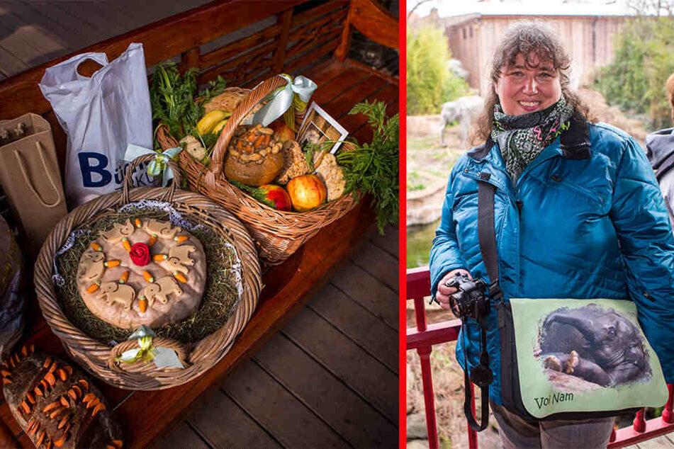 li.: Zoo-Besucher brachten dem Elefanten Leckereien mit. re.: Die Tasche hat Angelika Horn (50) selbst gemacht. Sie kommt regelmäßig in den Zoo, besuchte Voi Nam auch in Heidelberg.