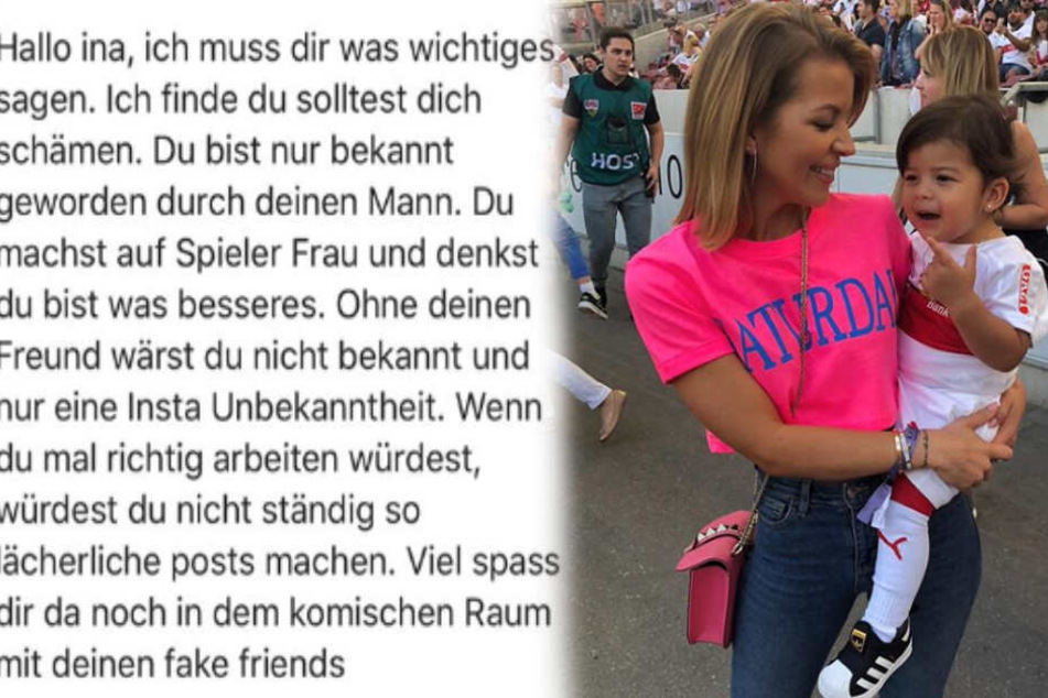 Links im Bild die Nachricht des Instagram-Nutzers, rechts im Bild Ina Aogo (30) mit Tochter Payten (3).