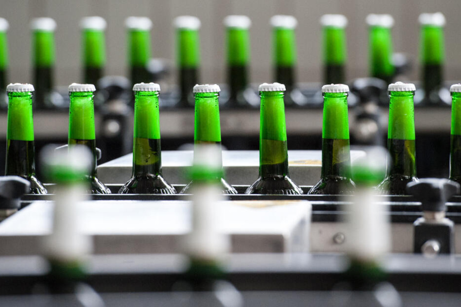 Flaschen mit Bio-Bier werden in der Abfüllanlage auf einem Förderband transportiert.