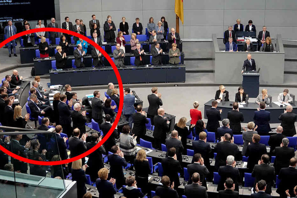 Frenetischer Beifall für François de Rugy, doch die AfD erhebt sich nicht von ihren Sitzen.
