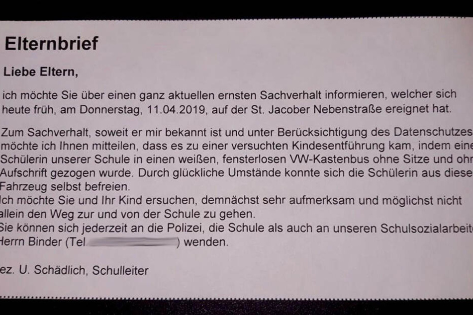 In diesem Elternbrief informierte die Schule über die versuchte Entführung.
